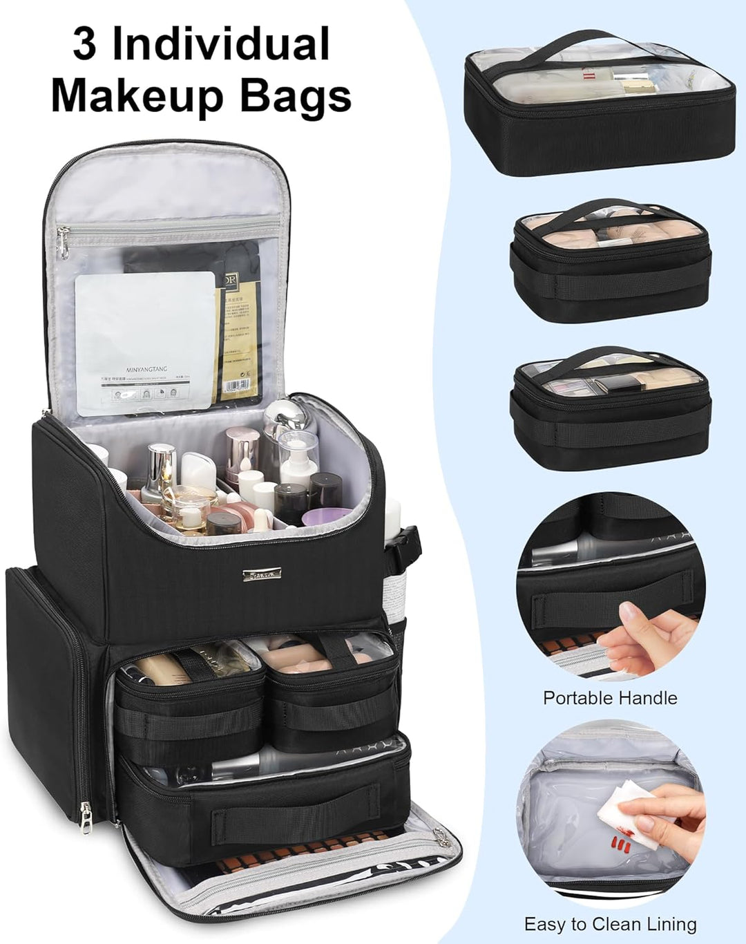Relavel Makeup-Rucksack, grosse Make-up-Tasche mit 3 klaren Sets, Doppelwandige professionelle Kosme