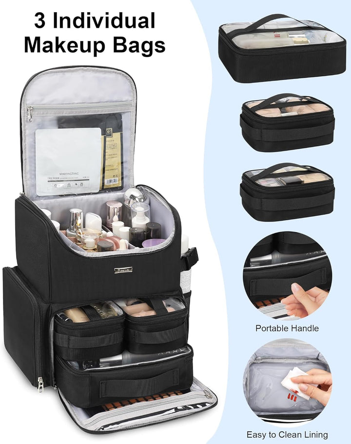 Relavel Makeup-Rucksack, grosse Make-up-Tasche mit 3 klaren Sets, Doppelwandige professionelle Kosme