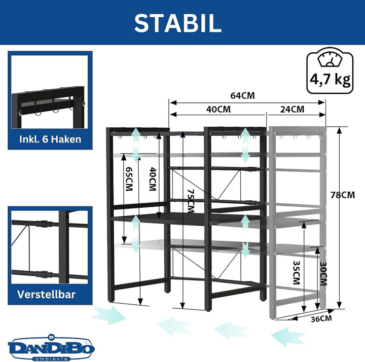 DanDiBo Verstellbares Mikrowellenregal 3 Stufig 40-64 cm Mikrowellen Regal 96614 Stehend Mikrowellen