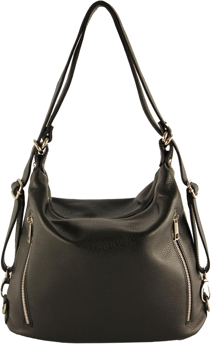 modamoda de - T249 - ital. Damen Rucksack Tasche 2 in 1 aus Leder Schwarz, Schwarz