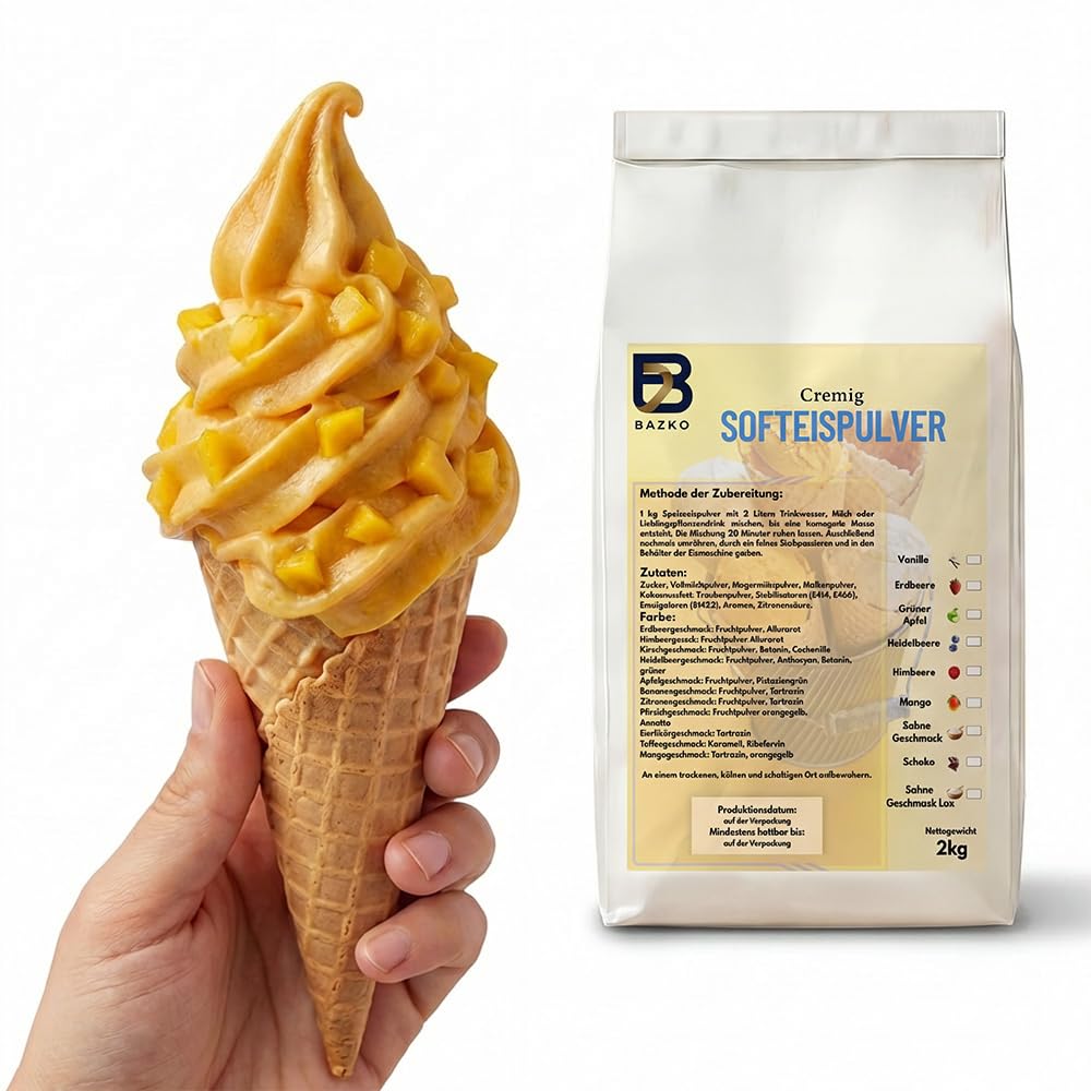 Bazko Mango Eispulver für Eismaschine | Softeispulver Speiseeispulver 2 kg für 6 kg Eis | 1:2 | Nur