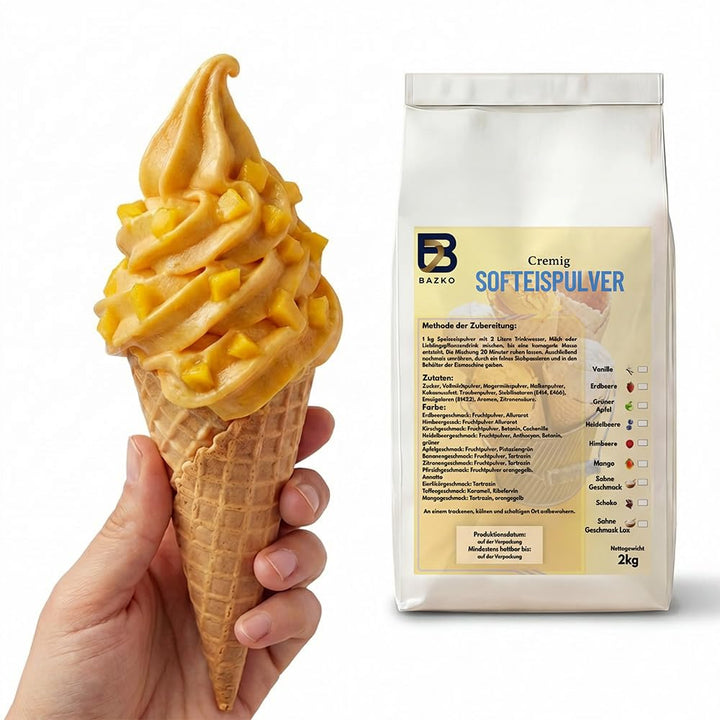 Bazko Mango Eispulver für Eismaschine | Softeispulver Speiseeispulver 2 kg für 6 kg Eis | 1:2 | Nur