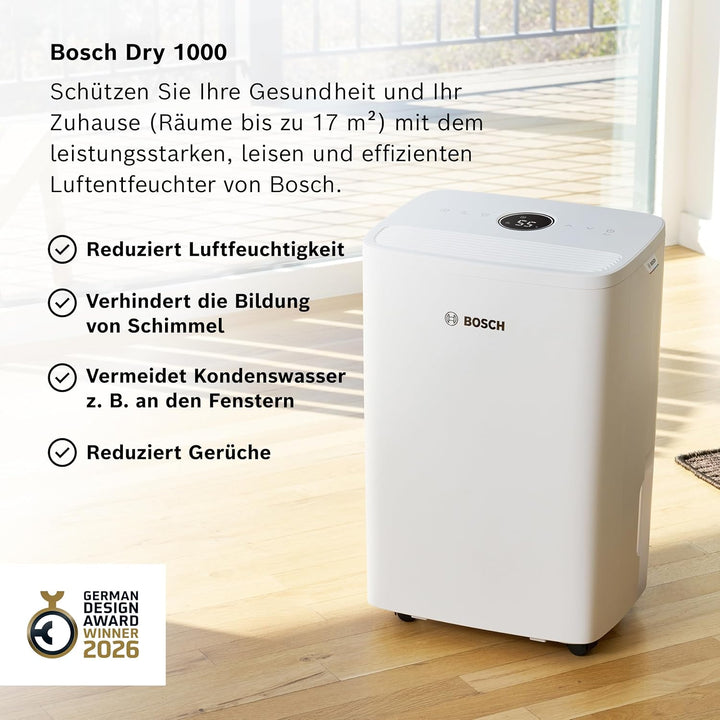 Bosch Dry 1000 Luftentfeuchter - Einfach. Effizient. Leise. - Für Räume bis zu 17 m² - Ideal für Dei