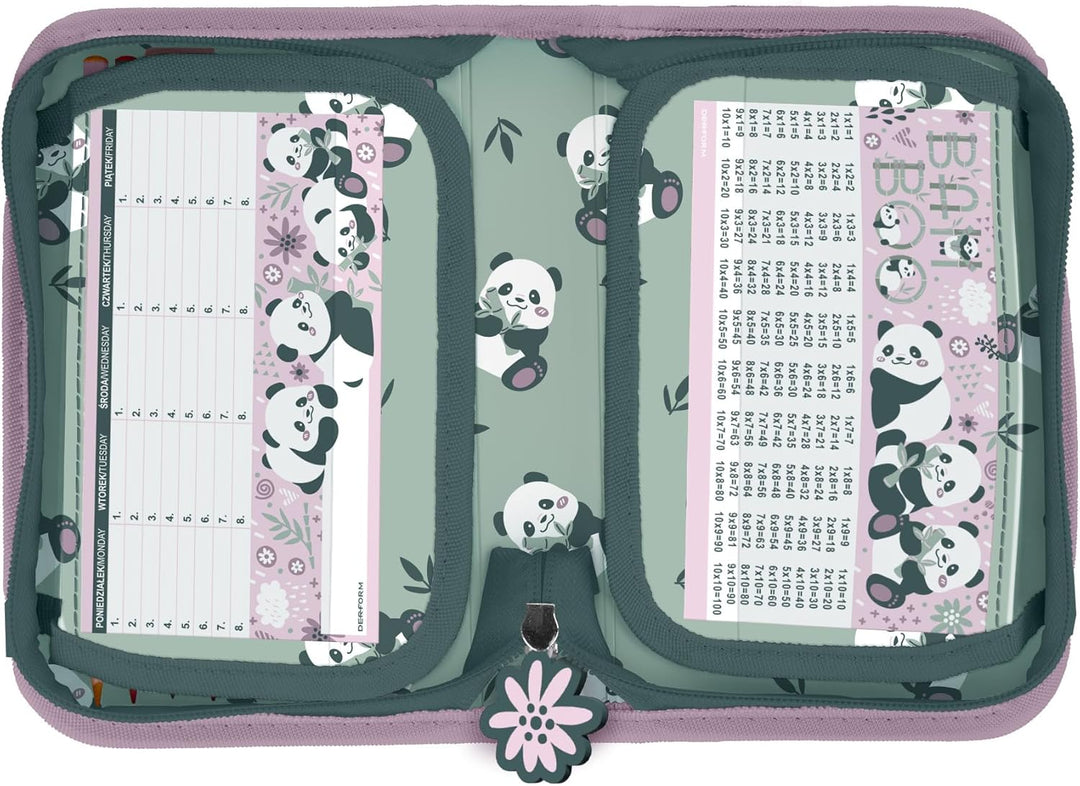Panda Pandabär Bärchen, Federtasche Federmappe, 24 tlg. gefüllt für Kinder Jungen Mädchen, rose/grün