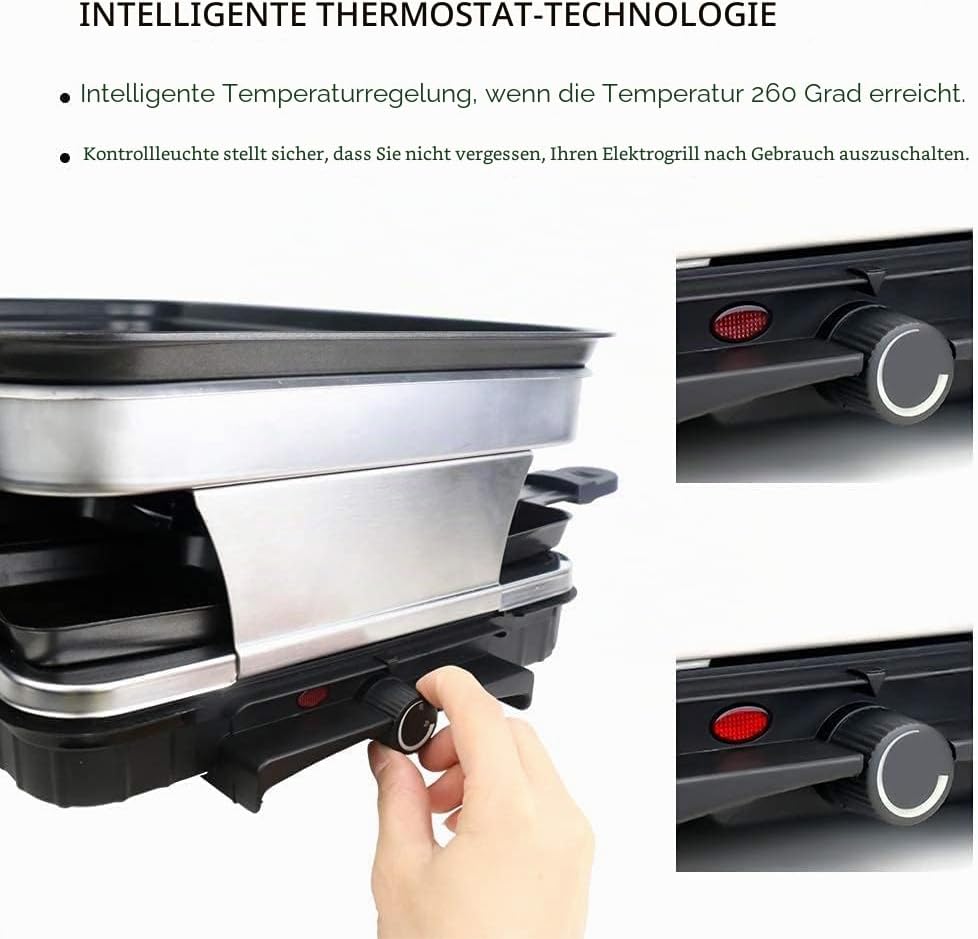Raclette Grill 8 Personen Grillplatte Antihaftbeschichtet, Raclette mit 8 Mini Raclette Pfännchen &