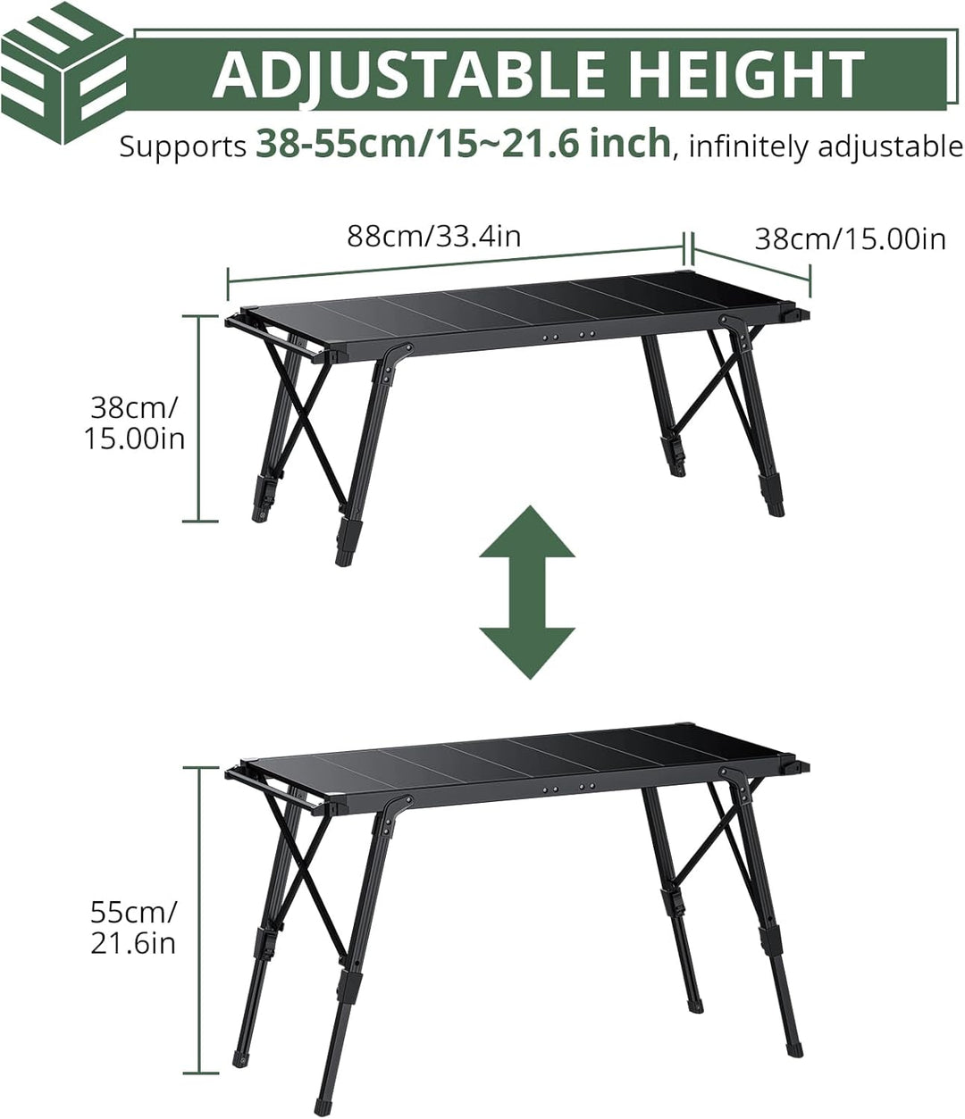 EYPINS Campingtisch Klapptisch 88x38cm, Tragbarer Grilltisch & Esstisch 38-55cm Höhenverstellbar Alu