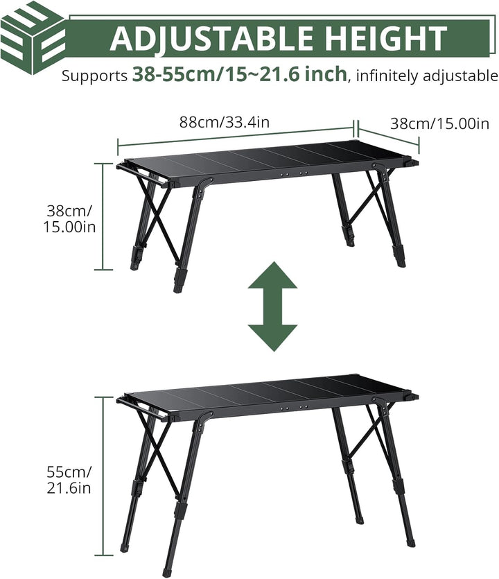EYPINS Campingtisch Klapptisch 88x38cm, Tragbarer Grilltisch & Esstisch 38-55cm Höhenverstellbar Alu