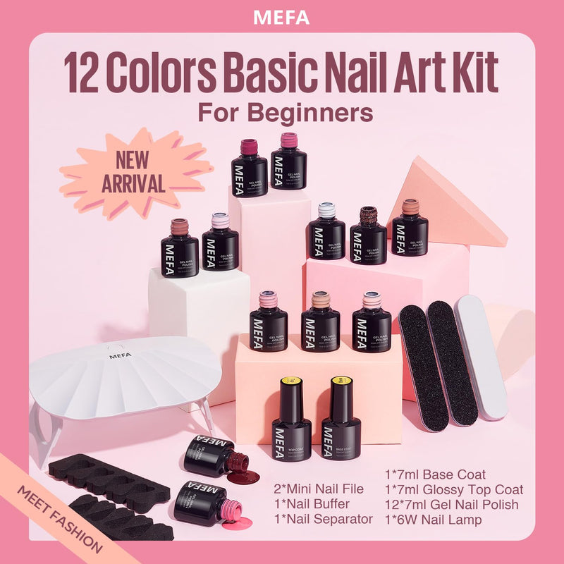 MEFA Shellac Set Starterset mit Lampe 6W,12 Farben UV Nagellack Set Gelnägel Starterset Weiss Rosa N