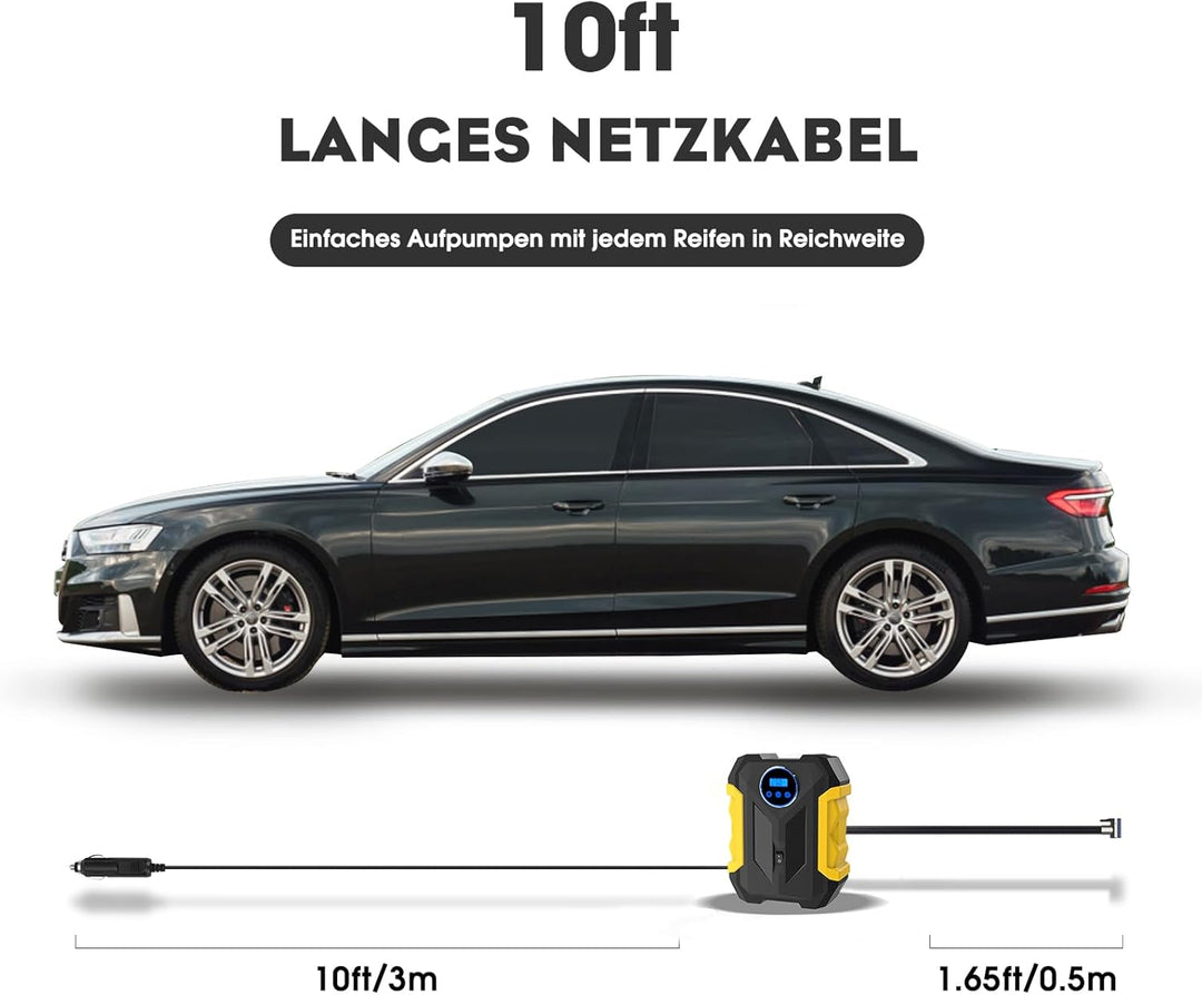 CARSUN Luftpumpe Auto,12V Mobiler Kompressor Auto,150PSI Autoreifen Pumpe mit Reifendruckmesser und