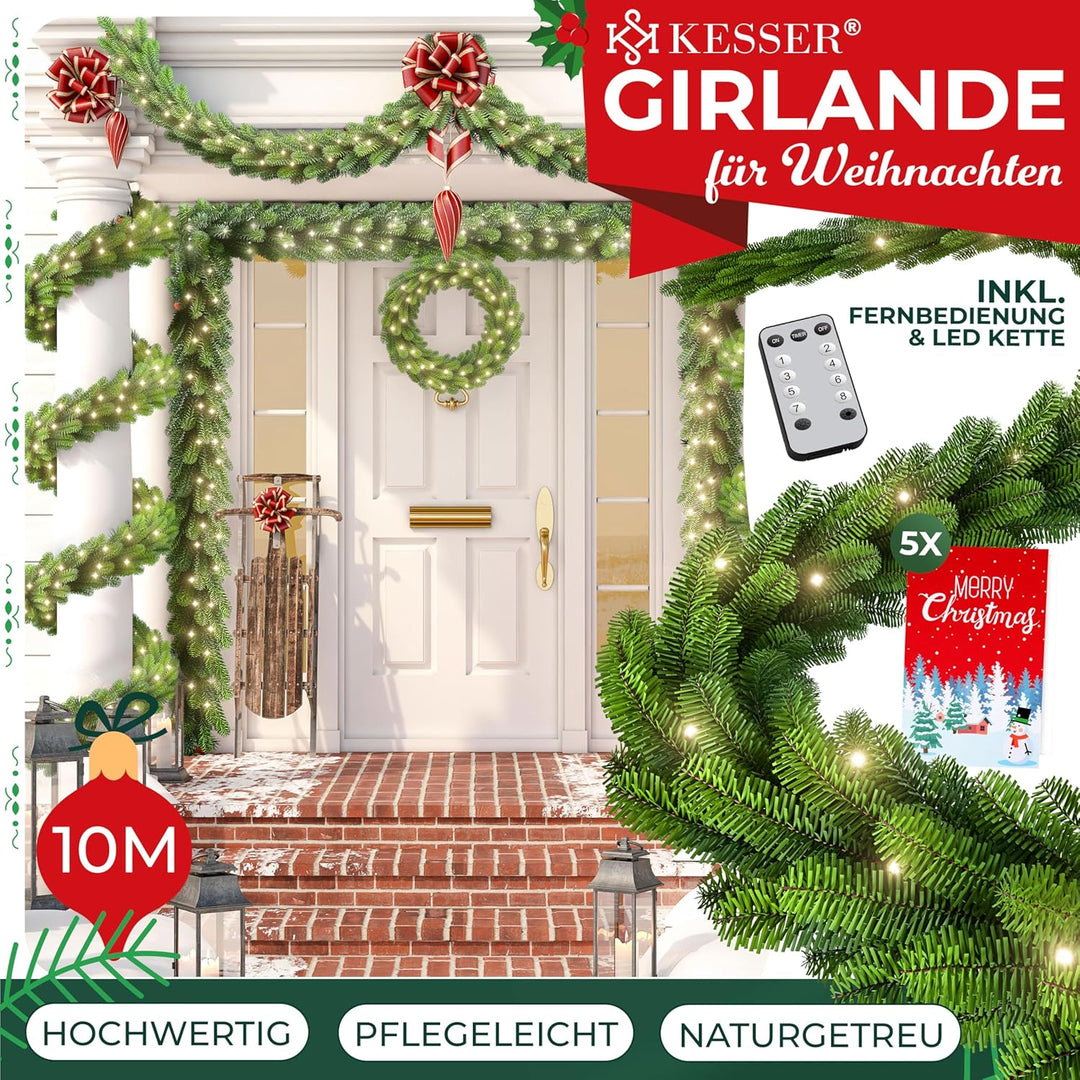 KESSER® Weihnachtsgirlande 10m mit Beleuchtung 200 LEDs - 6 Stunden Timer - LED Kette 8 Leuchtmodi -