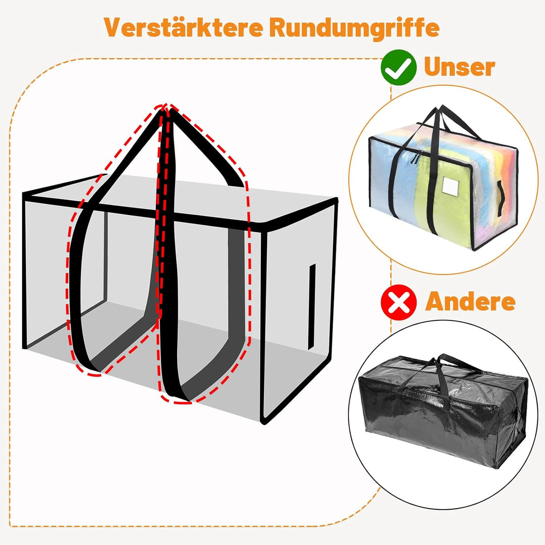 4 Stück 105L Grosse Aufbewahrungstasche mit Deckel, Faltbare Transparente Umzugskartons Gross mit Re