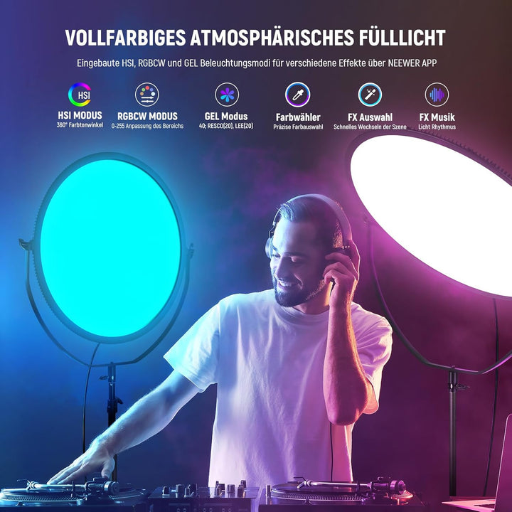 NEEWER 18" RGB Rundes LED Panel Videolicht mit APP Steuerung, Fotolicht 65W 6000Lux/0,5m 2500K-8500K