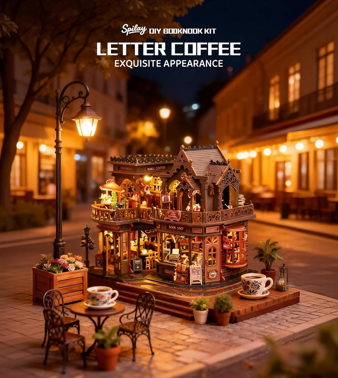 Spilay Miniatur Haus, Letter Coffee DIY Miniature House mit LED-Licht, 3D Holz Puppenhaus Bastelset