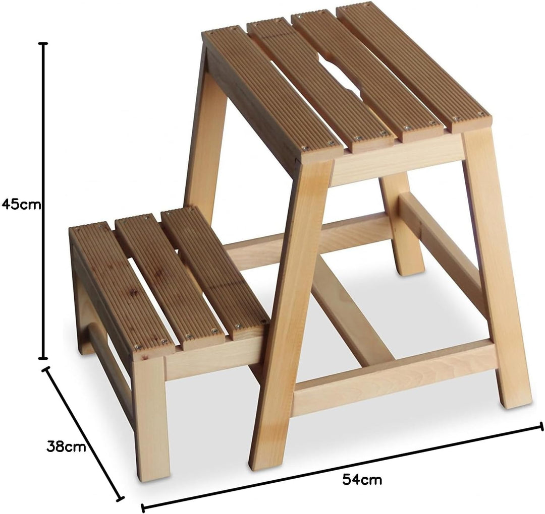GartenDepot24 Stabiler Tritt Hocker aus Buchenholz mit 2 Stufen, klappbar, Natur, B38 x T54 x H45 cm