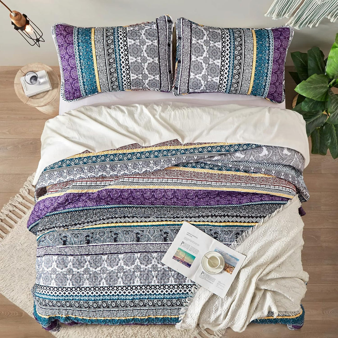 WONGS BEDDING Tagesdecke 220x240 Bettüberwurf Boho Decke Steppdecke 3 Teilig Doppelbett Gesteppt Bet