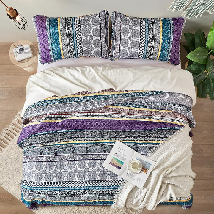 WONGS BEDDING Tagesdecke 220x240 Bettüberwurf Boho Decke Steppdecke 3 Teilig Doppelbett Gesteppt Bet