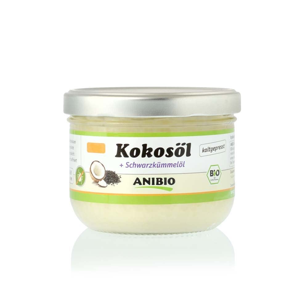 Anibio Bio Kokosöl Kaltgepresst 400ml | mit 5% Bio-Schwarzkümmelöl | Naturprodukt | Zur inneren und