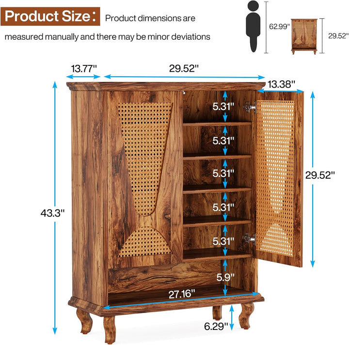 Tribesigns Rattan-Schuhschrank mit 2 Türen, 75x 37x 110cm, Schuhkipper schmal,7-stöckig Schuhregal f