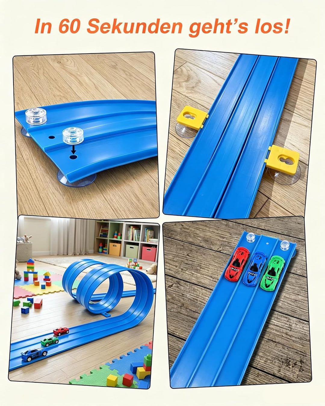 Flexible 3-Spur-Rennbahn für Kinder, 5 m lange aufrollbare Rennbahn mit 6 Autos, batterieloses Set o