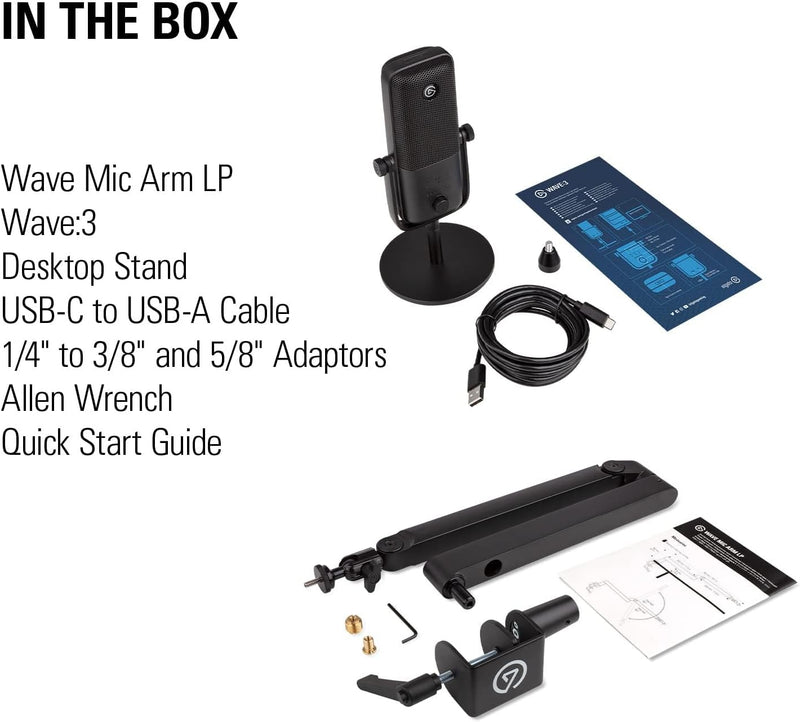 Elgato Wave:3 Mikrofon Mit Mic Arm Low Profile, Voll Einstellbar Mit Kabelkanal, Ideal Für Podcasts,