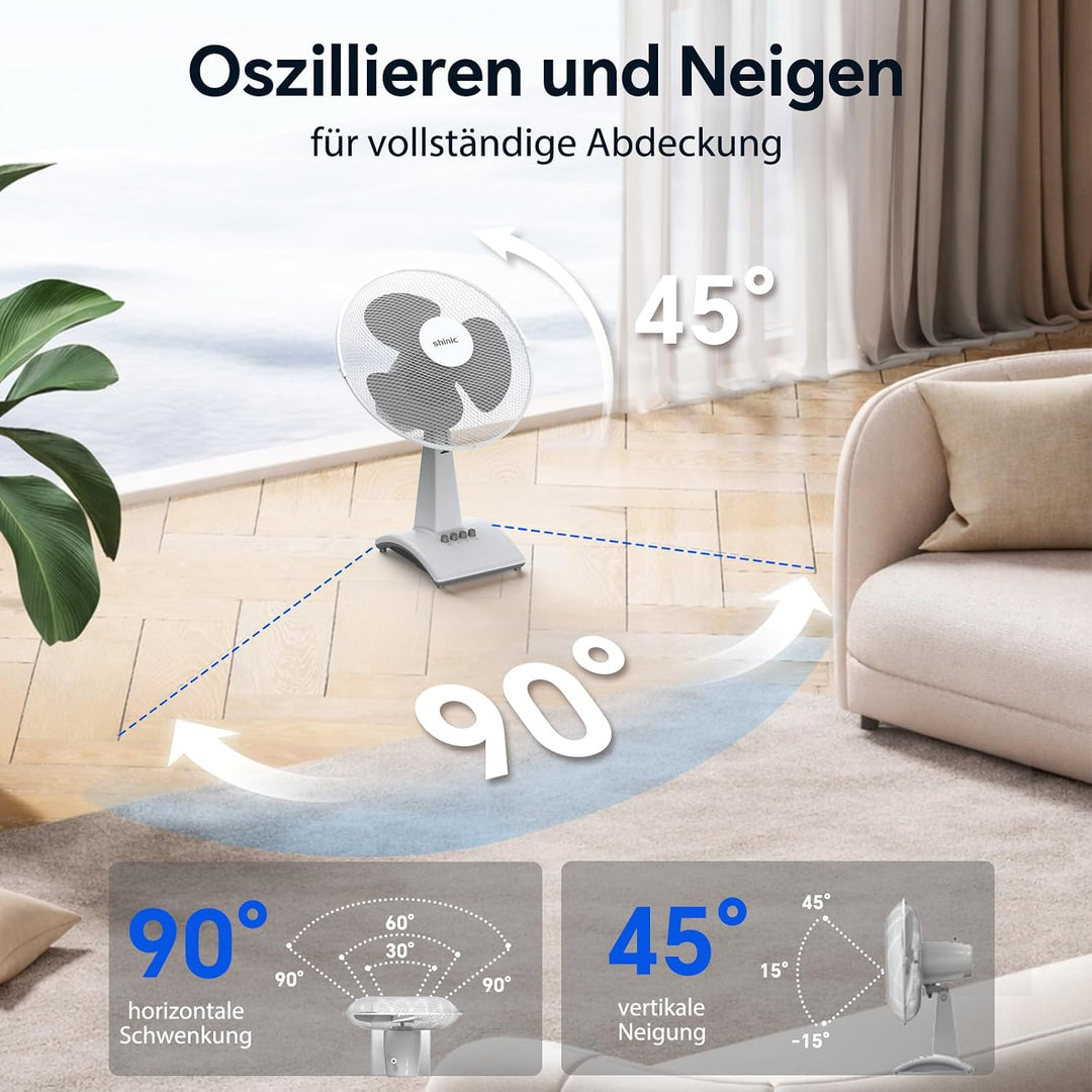 shinic Tischventilator 30 cm, 3 Geschwindigkeiten, Tischventilator sehr leise mit Oszillation, höhen