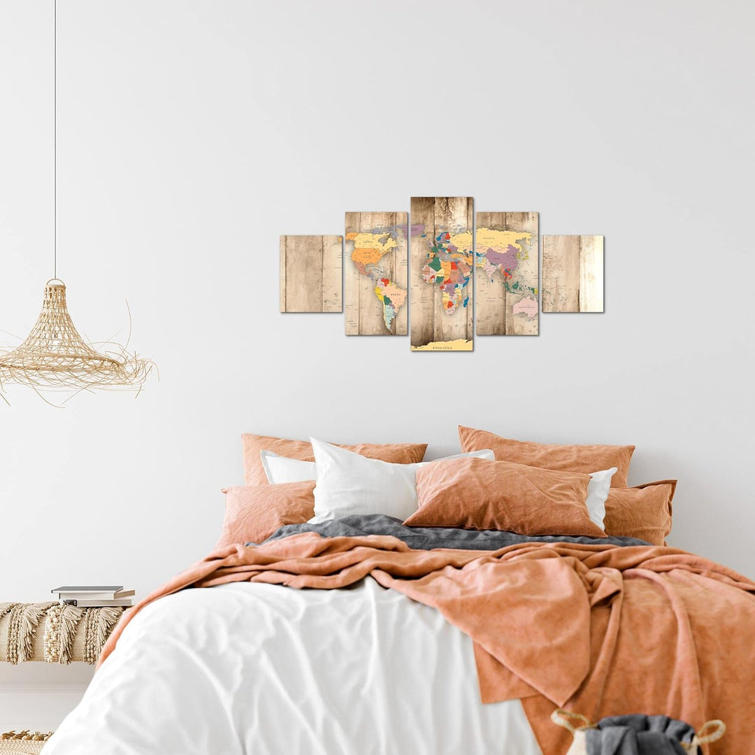 Runa Art Wandbilder Weltkarte Holz 5 Teilig Bild auf Vlies Leinwand Deko Büro Wohnzimmer Kontinente