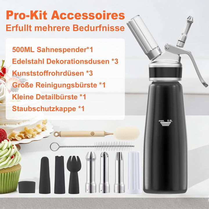 Sahnespender 500 ml, Professioneller Aluminium Sahnesiphon, mit 3 Edelstahl Deko-Düsen 3 Kunststoffd