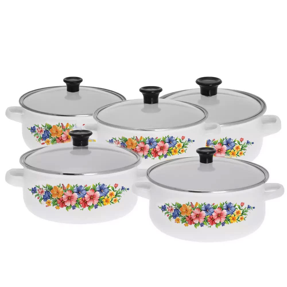 10-Tlg Emaille Kochtopfset Emailetöpfe Emaillierte Töpfset (Weiss), Weiss