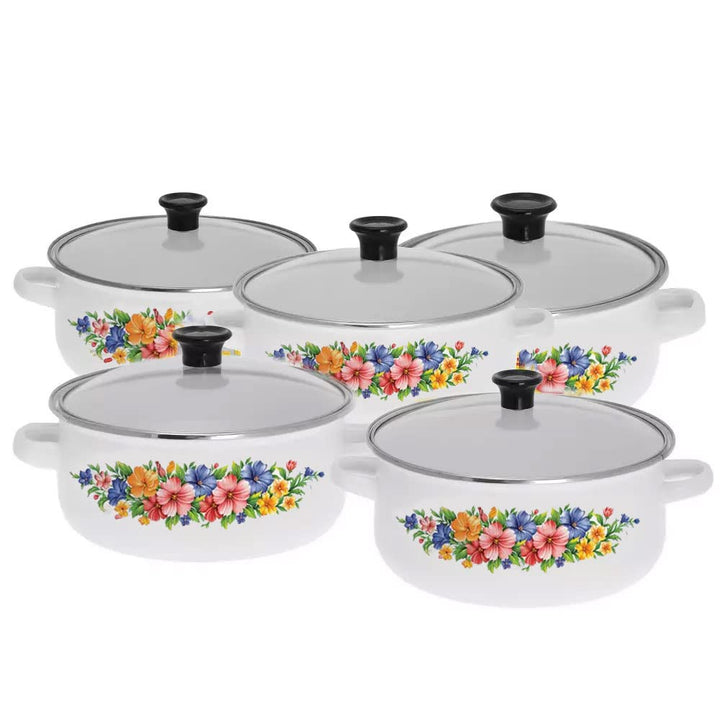 10-Tlg Emaille Kochtopfset Emailetöpfe Emaillierte Töpfset (Weiss), Weiss