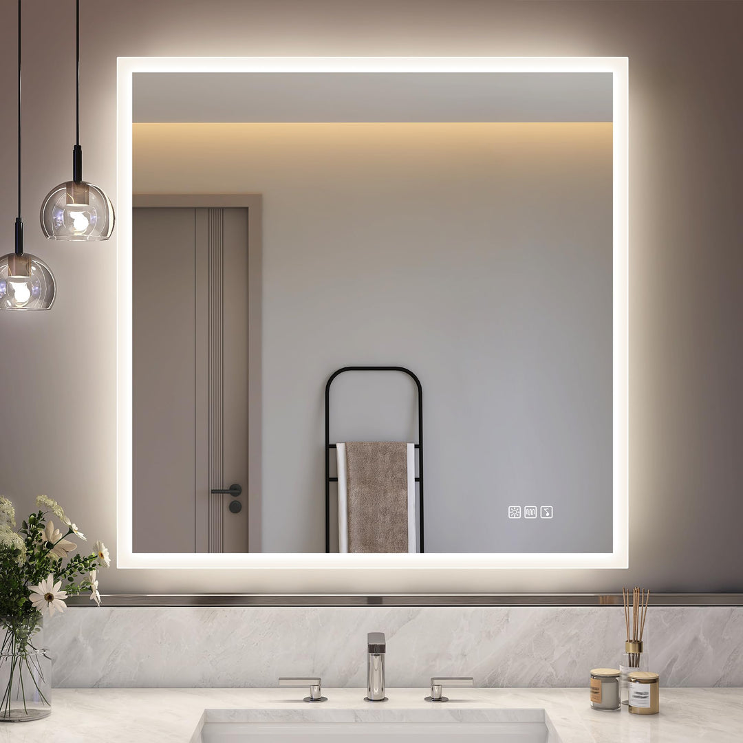 S'bagno Badezimmer-Spiegel-mit-Beleuchtung 80x80cm, LED-Badspiegel-mit-Beleuchtung, Bluetooth, Entfo