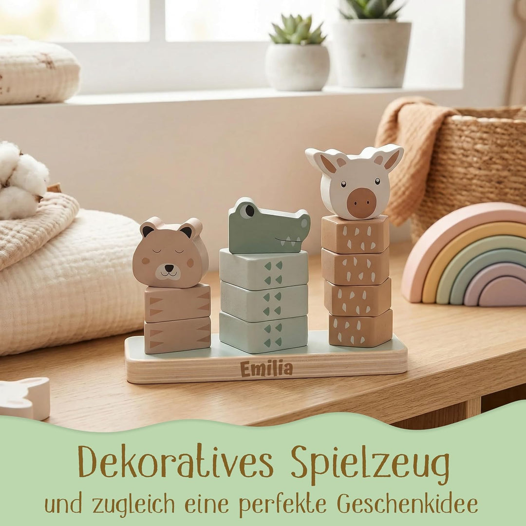 Stapelturm personalisiert mit Name – Jollein FSC Holz Baby Stapelspielzeug mit 3 Tierköpfen – Gesche