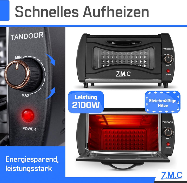 ZMC Mini Tandoor 2100W 22L - Minibackofen für Lahmacun, Pizza, Naan und Brot. Inklusive Backblech un
