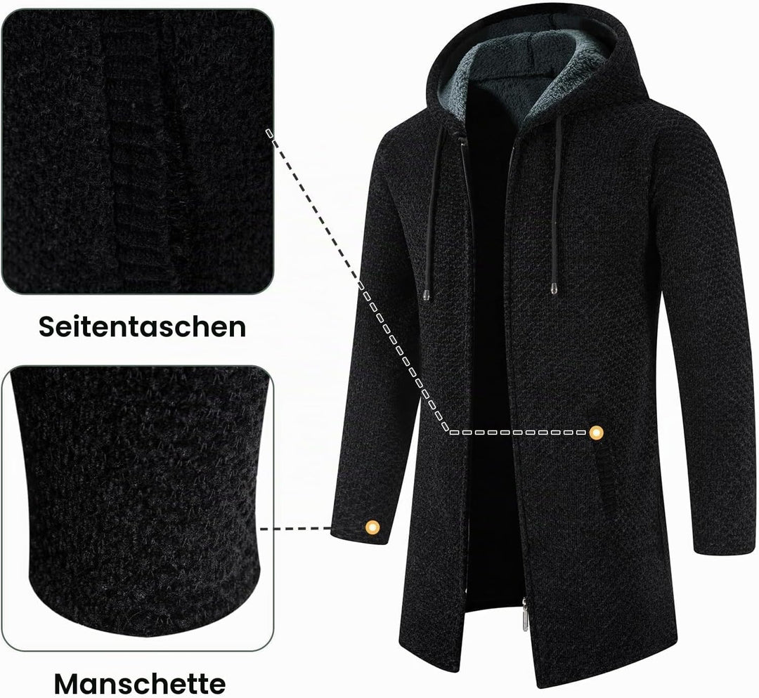 KUDORO Strickjacke Herren Cardigan Lang Trachtenjacke Kapuze mit Kapuze Gestrickt Pullover Hoodie Wi