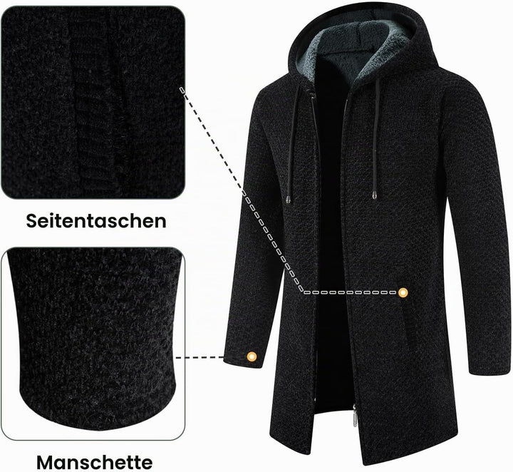 KUDORO Strickjacke Herren Cardigan Lang Trachtenjacke Kapuze mit Kapuze Gestrickt Pullover Hoodie Wi