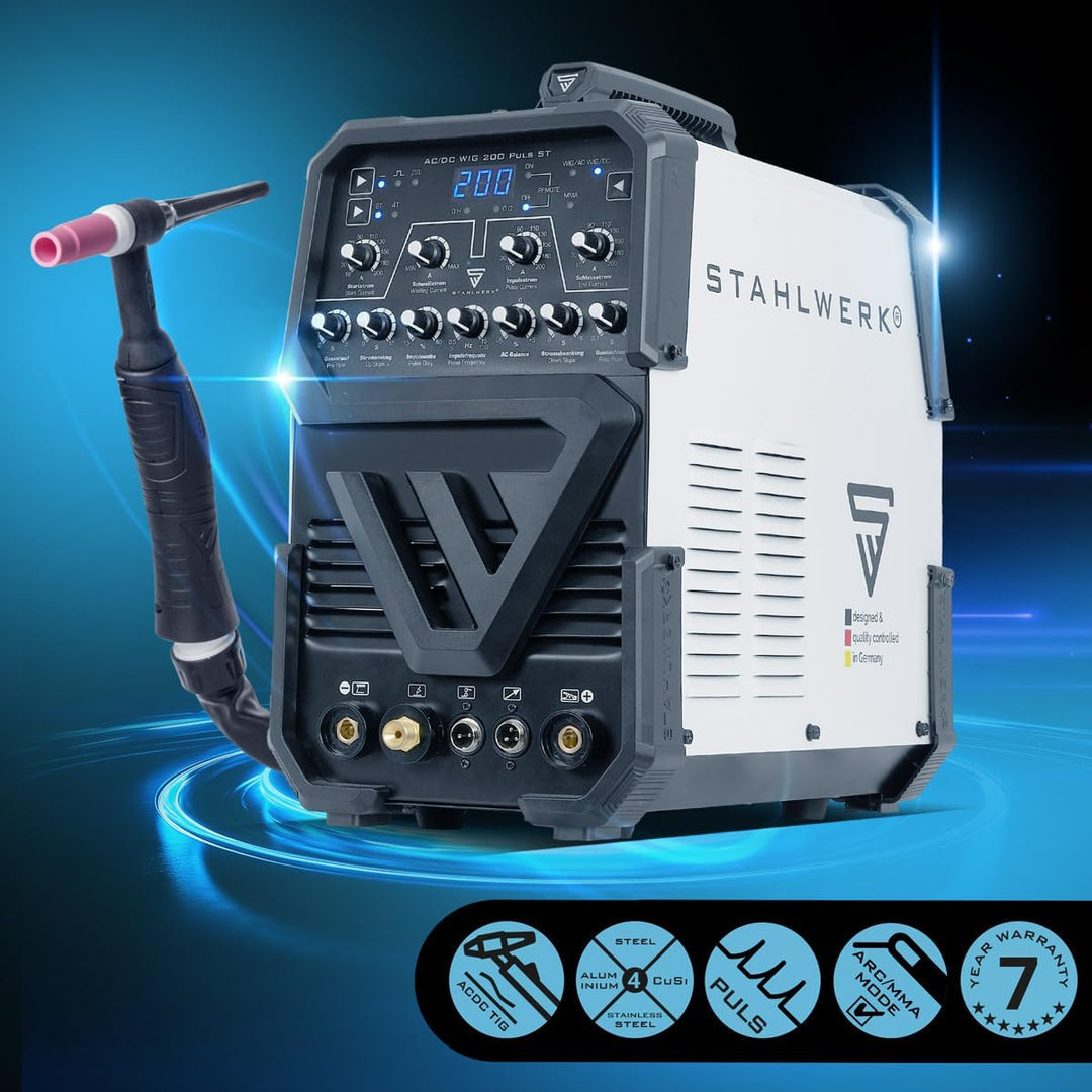 STAHLWERK Schutzgasschweissgerät AC/DC WIG 200 Puls ST – IGBT-Inverter mit AC-Modus, MMA (E-Hand/ARC
