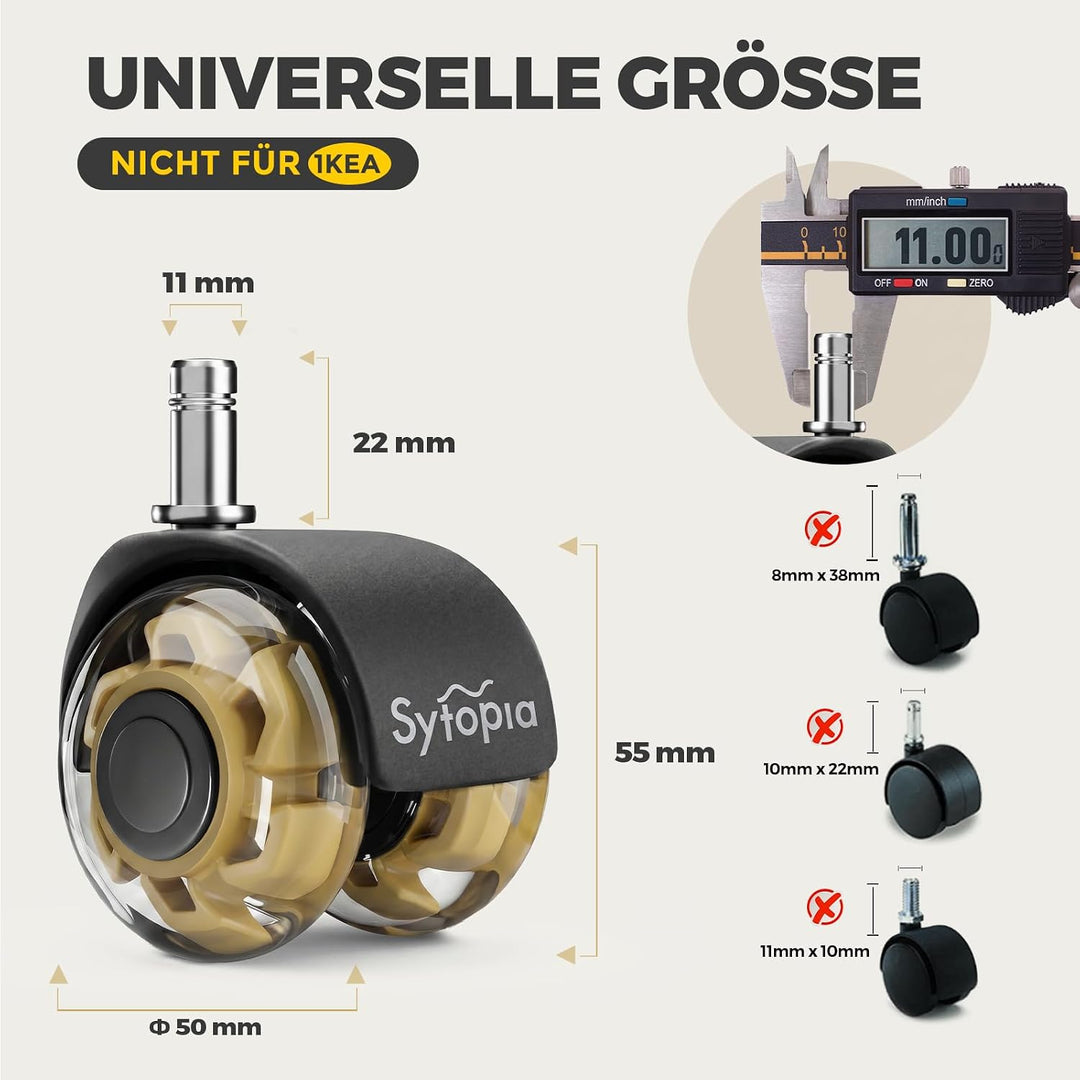 Sytopia Universal Bürostuhlrollen, 5er Set Bürostuhl Rollen 11x22MM, Perfekte Leise Gummirollen für