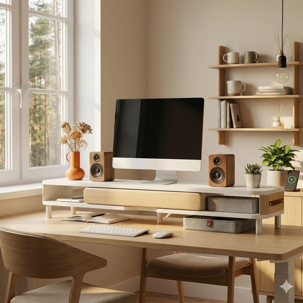 Fenge Dual Monitorständer mit Schublade, 108cm Bildschirmerhöhung mit Aluminiumbeinen & Ledergriff,