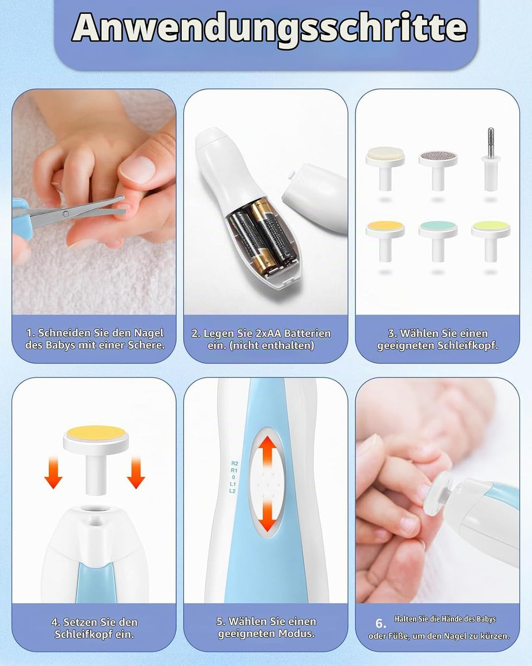 Lictin Baby Nagelfeile Elektrisch, Elektrische Nagelfeile mit 6 Schleifkopf, 26 in 1 Baby Nagelset m