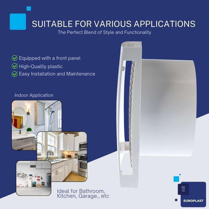 EUROPLAST Ø 150mm Bad-Lüfter mit Feuchtesensor und Timer - mit Weiss Front, Leise Ventilator Ø 150mm
