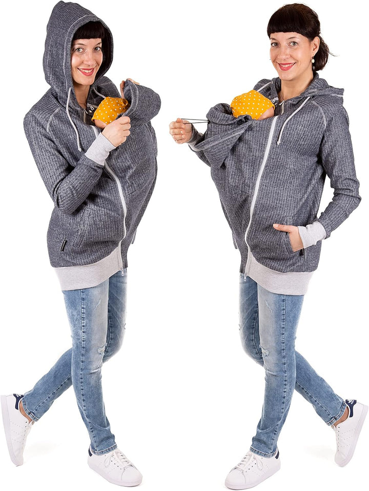 Viva la Mama 3in1 leichte Tragejacke für Mama und Baby, Umstandsjacke - Cleo, XS Anthrazit - Vorn un