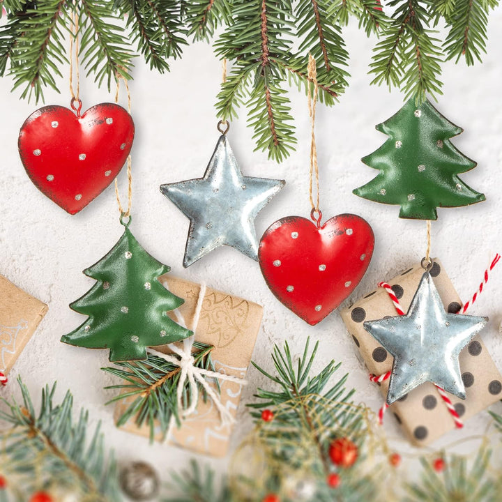 Metallanhänger Weihnachten 8 Stück – Herz, Stern, Baum in Rot Grün Silber 5,5 cm – Nostalgischer Chr