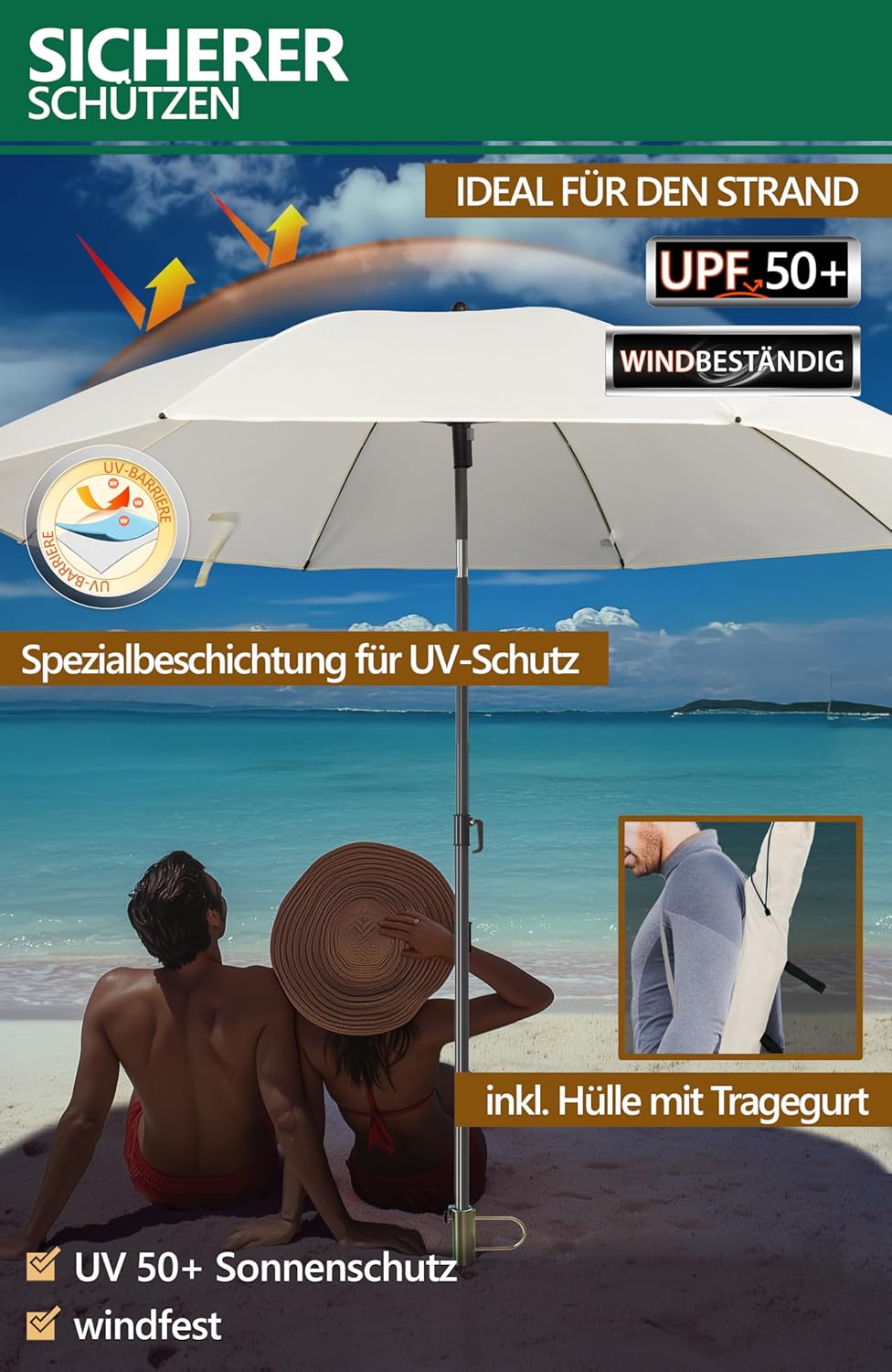 4smile Sonnenschirm Strand SunnyJoy Modern im 3er-Set, Beige - Strandschirm windfest stabil 180 cm +