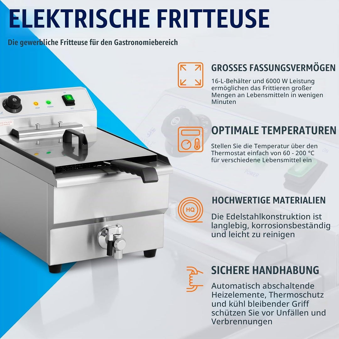 Royal Catering Kommerzielle Fritteuse Kapazität 16 l 6000 W 400 V 50-200 °C Kaltzone Ablasshahn auto