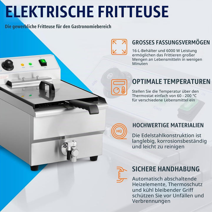 Royal Catering Kommerzielle Fritteuse Kapazität 16 l 6000 W 400 V 50-200 °C Kaltzone Ablasshahn auto