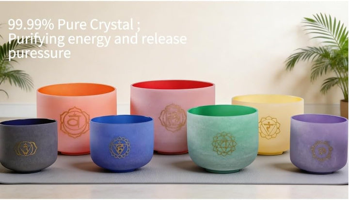 ENERGYSOUND 432 Hz 6-12 Inch Coloured Chakra Design Set of 7 Quartz Crystal Singing Bowl Healing & Y