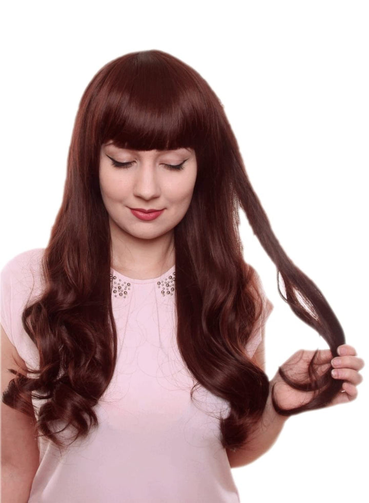 Prettyland C367 65cm Damen lange Perücke leicht Gewellt Locken Gerade Pony Dunkel-Braun Rot rotbraun