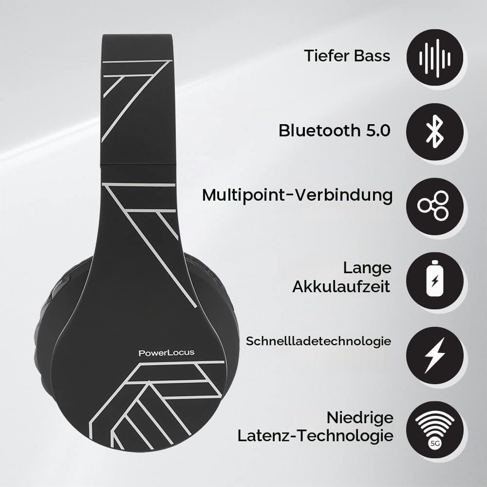 PowerLocus Kabellose Kopfhörer Over Ear, Kopfhörer Bluetooth mit Mikrofon, Faltbar, weiche Ohrpolste