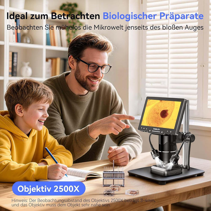 TOMLOV TriL107 3 Objektiv Mikroskop Digital: 7" 2K IPS HDMI 2500X Münzlupe für Ganzmünzansicht mit 1