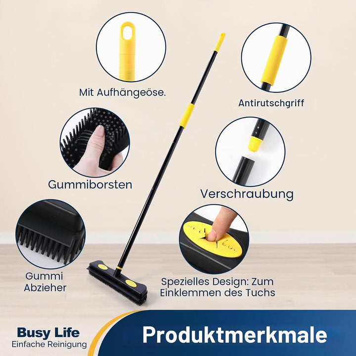 Yocada Gummibesen zur Tierhaarentfernung, 2-in-1-Bodenbürste mit Rakel, Teppichrechen, 146,1 cm Lang