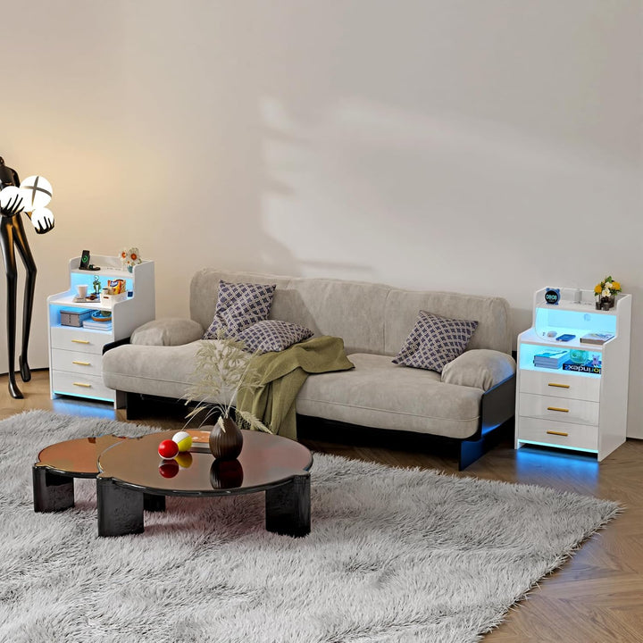 PIPIPOXER Nachttisch mit Steckdose und Ladefunktion,Nachtschrank mit 3 Schubladen und 16 Farben Bele